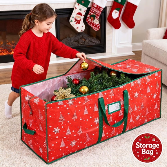 Christmas Storage Bag, Red Waterproof Large Capacity Bag, Durable Heavy Duty, Reinforced Handles Smooth Zipper, Holds Garlands Clothes Xmas Tree, Tear Resistant Fabric for Home Holiday Moving Storage