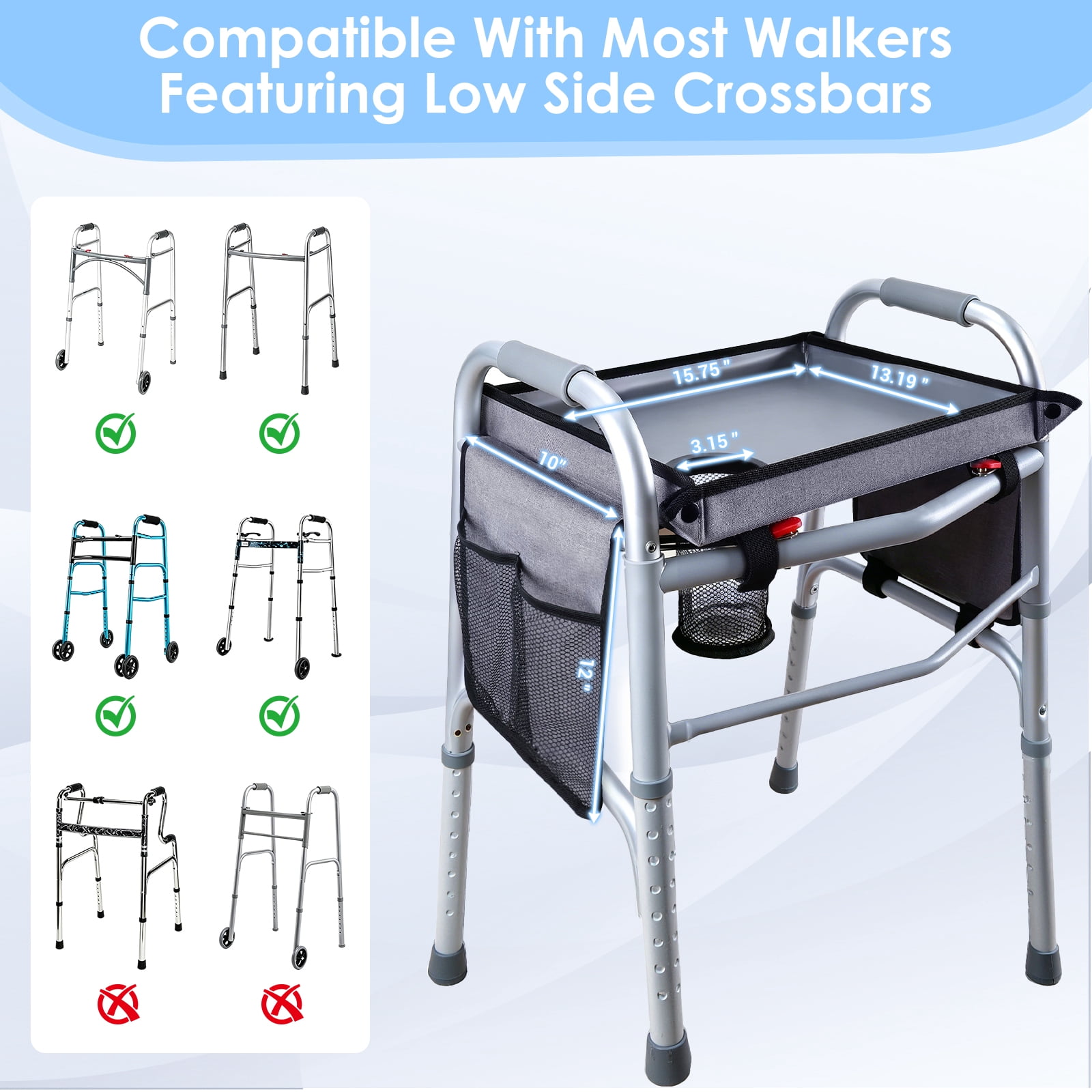 Walker Tray with Cup Holder & Side Pocket – Hard Top Walker Table for Seniors – Folding Walker Accessory for Meals, Reading, Drinks – Non-Slip Surface, Tool-Free Install, Universal Fit