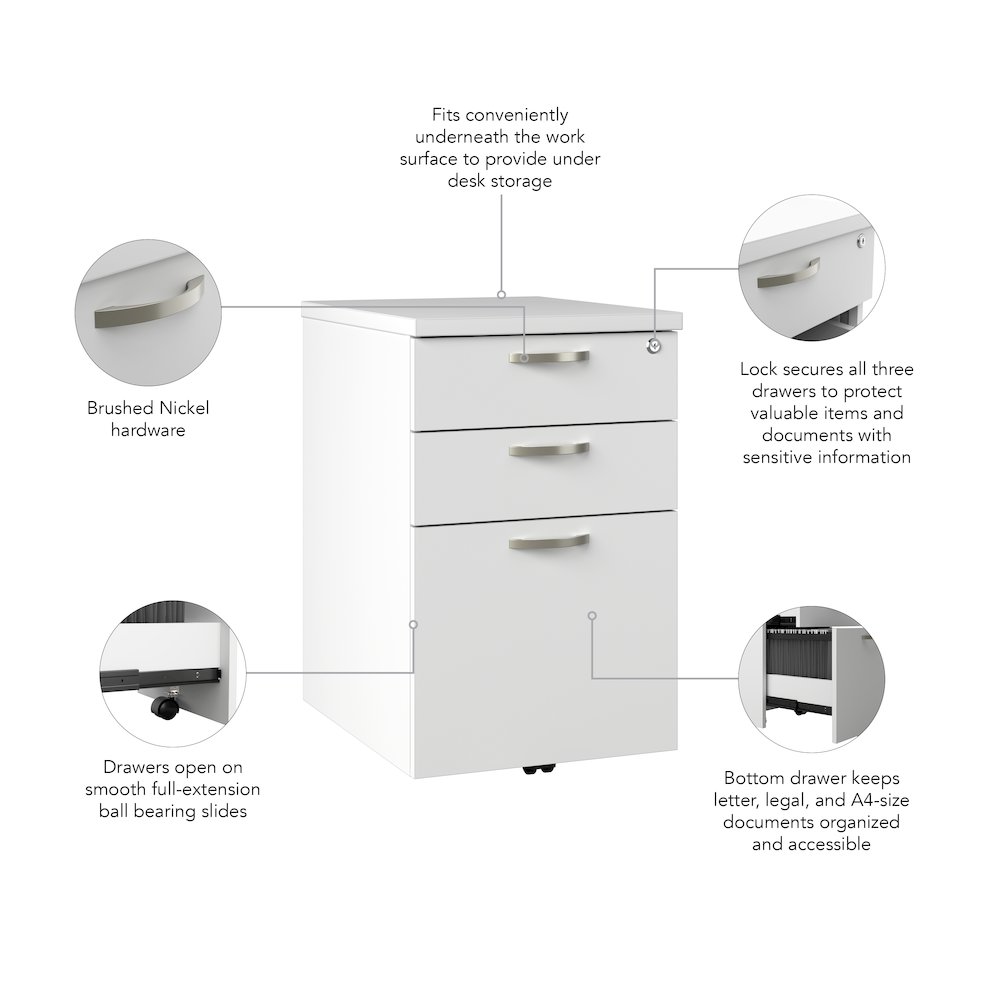 Easy Office 3 Drawer Mobile File Cabinet in Pure White - Engineered Wood