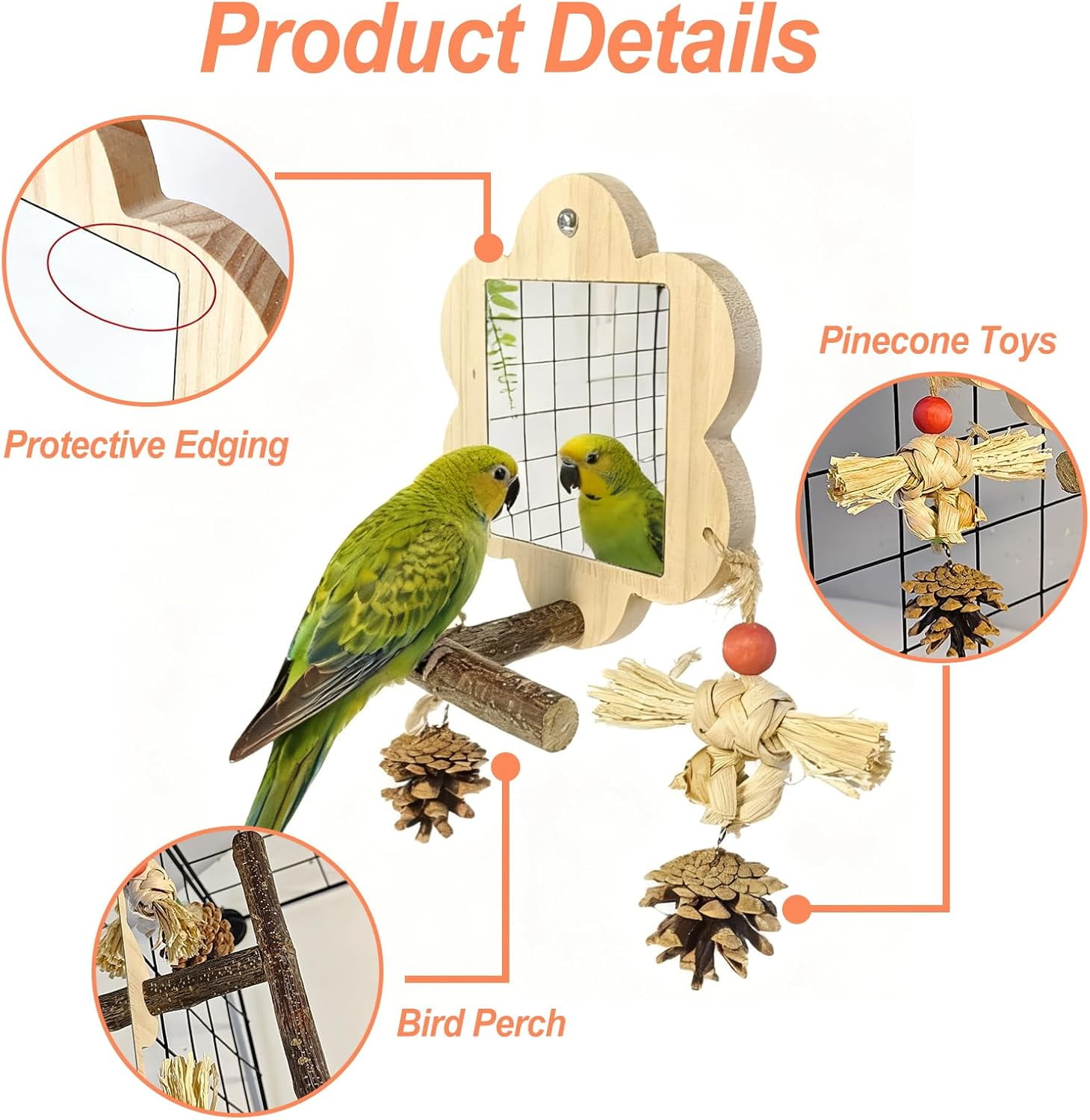 Bird Mirror with Perch, Cage Mirror, Parakeet Toys with Chew Toy, Bird Cage Accessories for Parrot Conure Lovebirds Finch Canaries