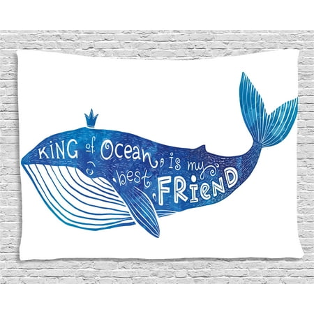 Whale Tapestry, Kind of Ocean is My Best Friend Quote with Whale Fish Paintbrush Artsy Picture, Wall Hanging for Bedroom Living Room Dorm Decor, 80W X 60L Inches, Violet Blue White, by