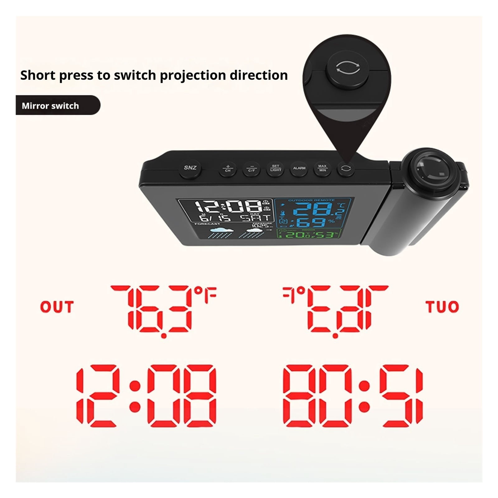 Digital Projection Alarm Clock, Weather Station with Temperature & Humidity