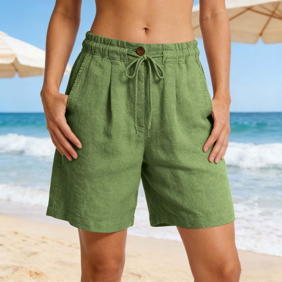 Cagogo Women Cotton Linen Plus Size Elastic Waist Flowy Casual Beach Bermuda Shorts Loose Relaxed Fit Summer Vacation Travel Shorts with Pockets, Green L