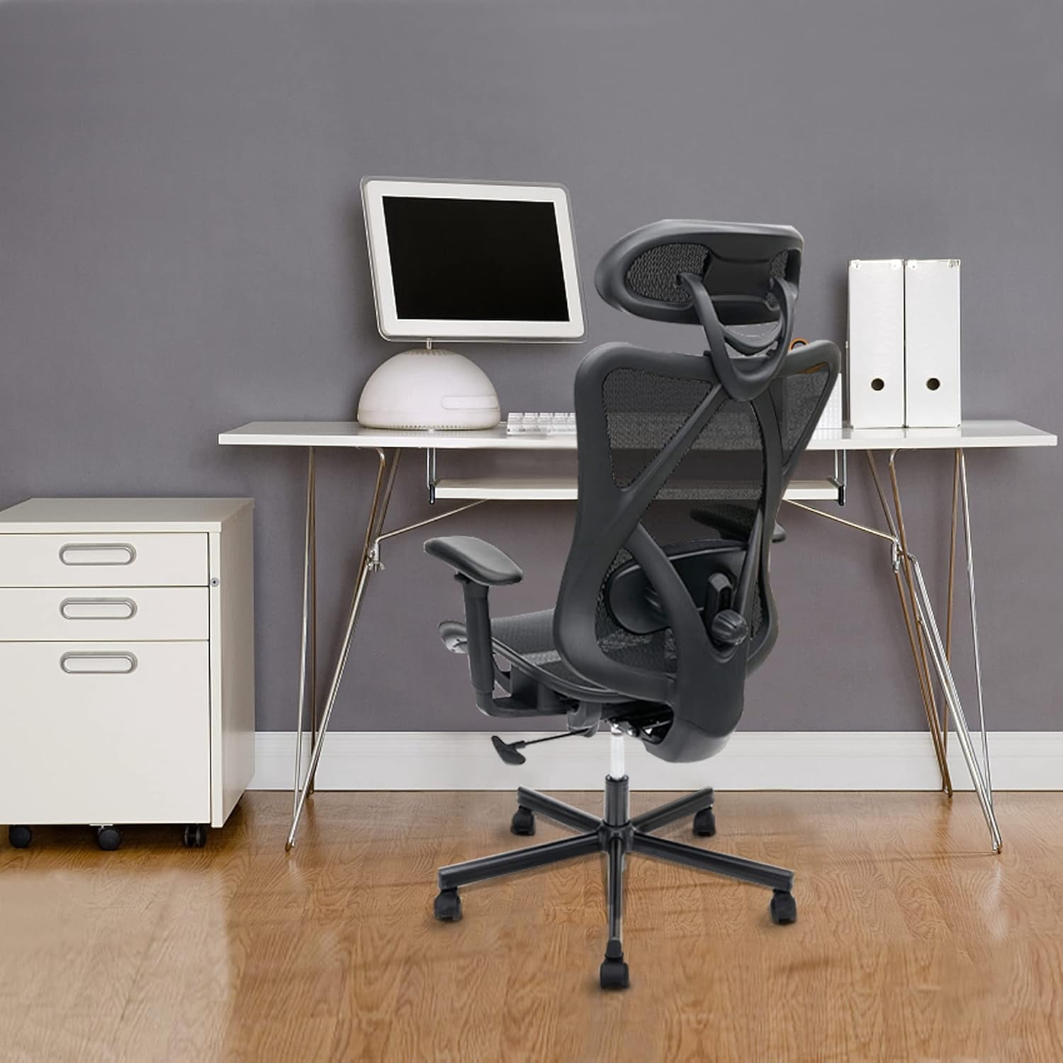 Mesh Office Chair, Ergonomic Office Chairs with Wheels, Adjustable Lumbar Support, Armrest, Headrest-Tilt High Back Desk Chair with Mute Wheel for Office, Home, Gaming
