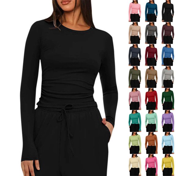 Xaqiouau Long Sleeve Shirts for Women Crew Neck Basic Tops Slim Fit Stretch Casual Shirts Soft Layering Tee Fall Winter Everyday Wear Black
