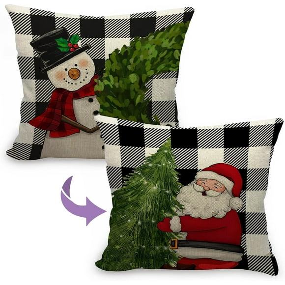 linely Christmas Pillow Covers 22"x22"" Reversible,Christmas Decor,Black and White Buffalo Plaid Christmas Decorations