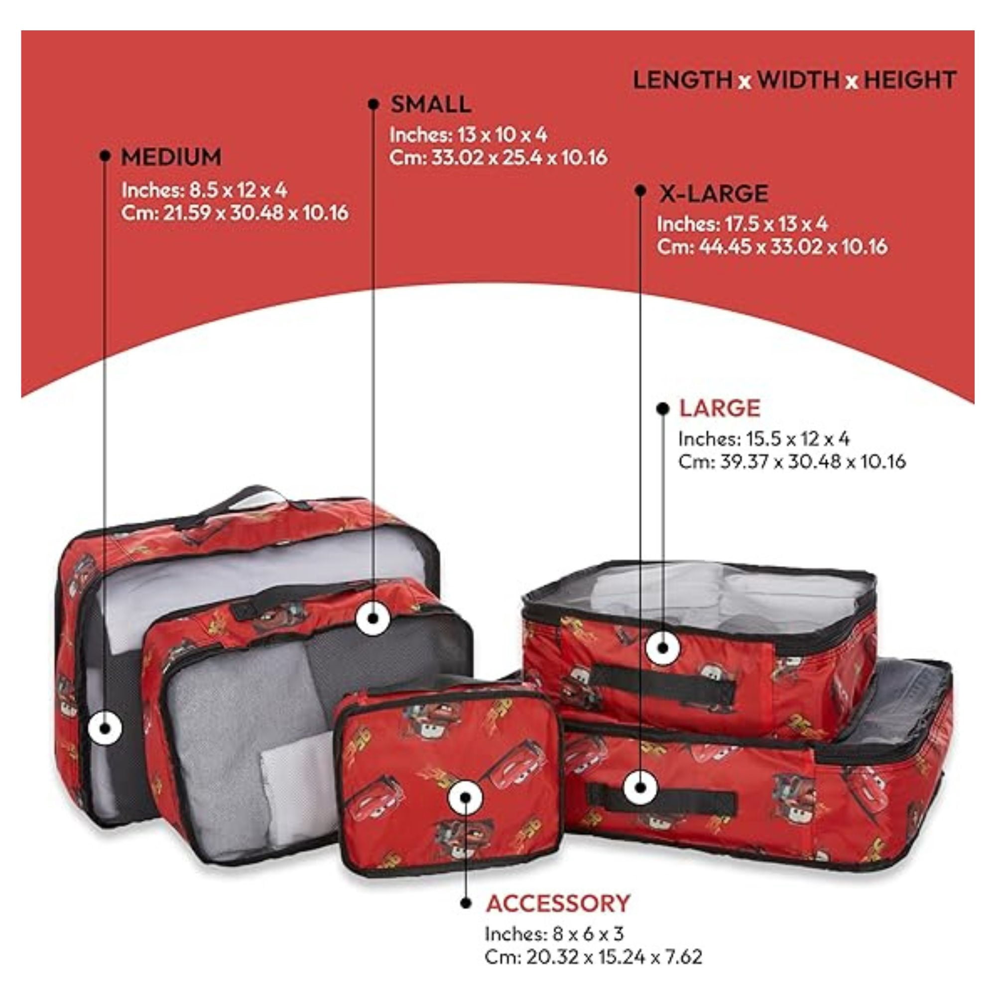 Disney Men’s Cars Lightning McQueen Packing Cubes, 5 Piece Set Travel Organizer for Kids and Adult Red