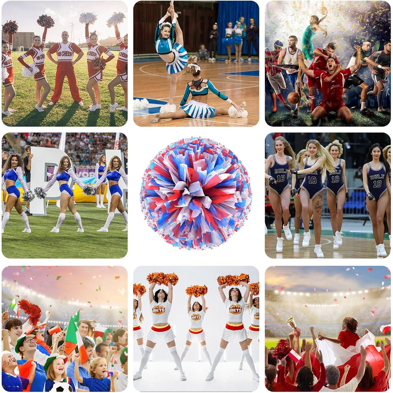 20 Pack Cheerleading pom poms,Cheer pom poms Sports Dance Cheer Plastic Pom Poms Cheerleading for Sports Team Spirit Cheering (Blue+Pink+White)