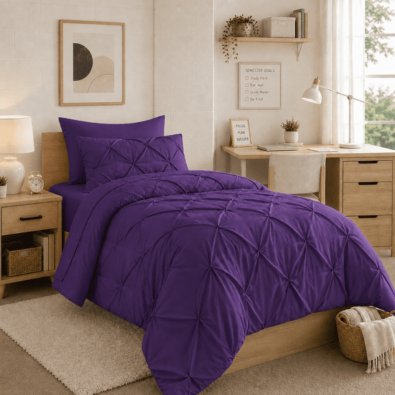 YEPCLUB Purple Twin Size Pintuck 5-Piece Comforter Set, Pinch Pleat Bed in a Bag, All Season Down Alternative Bedding Set with Comforter, Sheets, Pillowcase & Sham