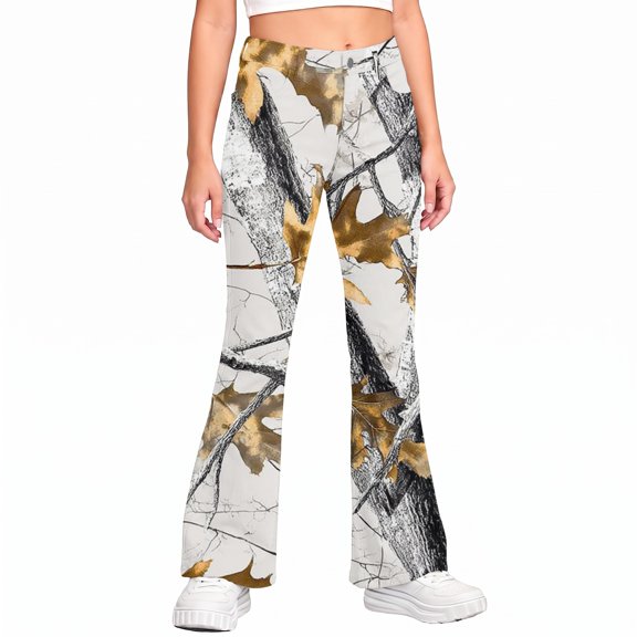 Grblisyd Girls Flare Leg Uniform Pants High Waist Fashion Camo Maple Leaf Print Bell Bottoms With Button and Pockets