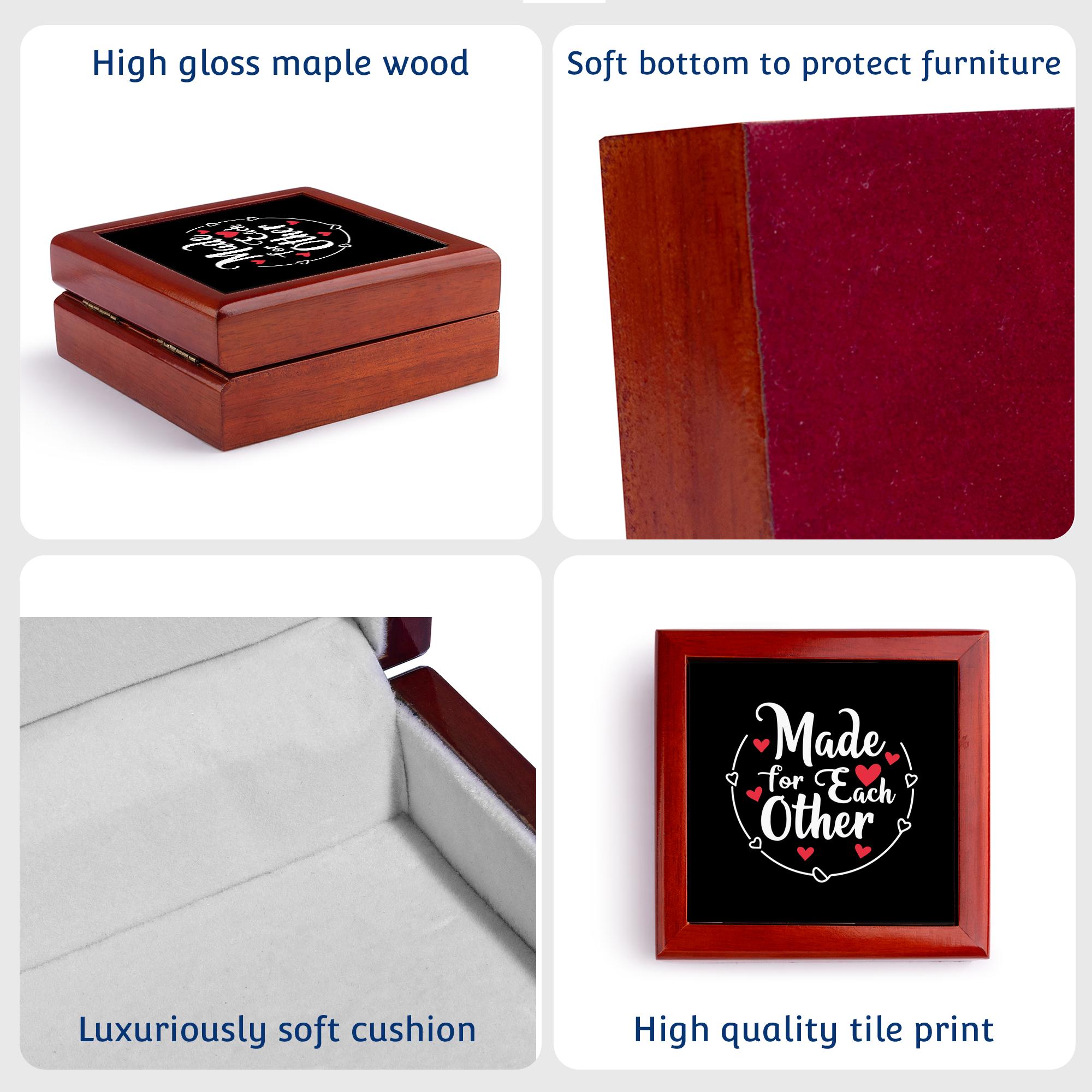 3dRose, Made for each other text, hearts, on black Valentine Day gift for all, Jewelry Box 5.5x5.5 inch with 4 inch tile