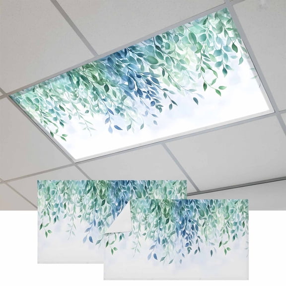 Watercolor Leaves Magnetic Fluorescent Light Covers for Ceiling Lights 2x4Ft, Spring Botanical Eucalyptus Leaves Office Classroom Kitchen Drop Ceiling Light Covers Lighting Filters Shade Panel 2Packs