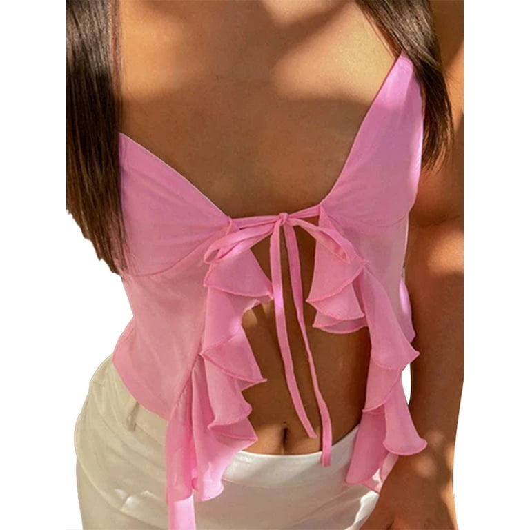 Womens Frill Lace Ruffle Tank Tops Sexy Spaghetti Strap Camisole Vest Cute  Sleeveless Sheer Babydoll Cami Top (Pink, S) at  Women's Clothing  store