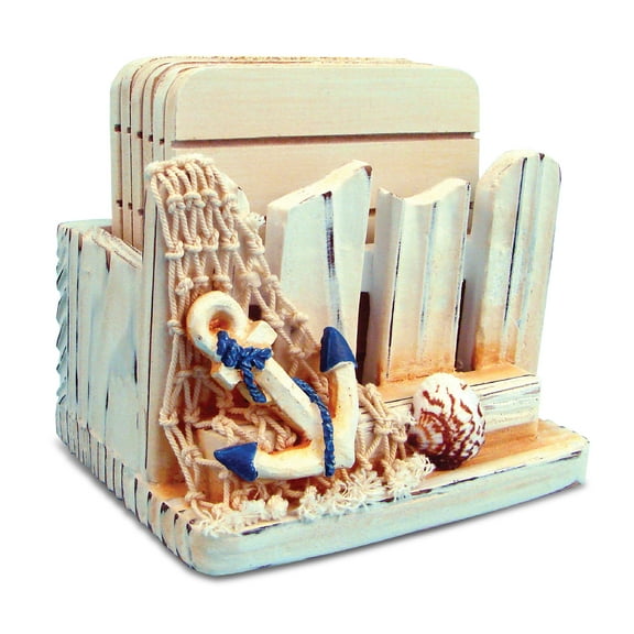 CoTa Global Nautical Wooden Coaster and Holder Set - Rustic Circle Coaster Set with Holder, Cute Beach Theme Drink Coasters Set for Spill and Scratch Free Tabletop - 6 Coasters and 1 Holder Set