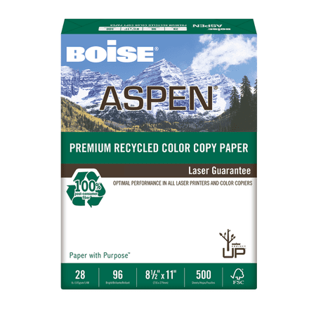 Boise® ASPEN® Premium Color Copy Paper, Letter Size (8 1/2" x 11"), 96 (U.S.) Brightness, 28 Lb, 100% Recycled, FSC® Certified, Ream Of 500 Sheets