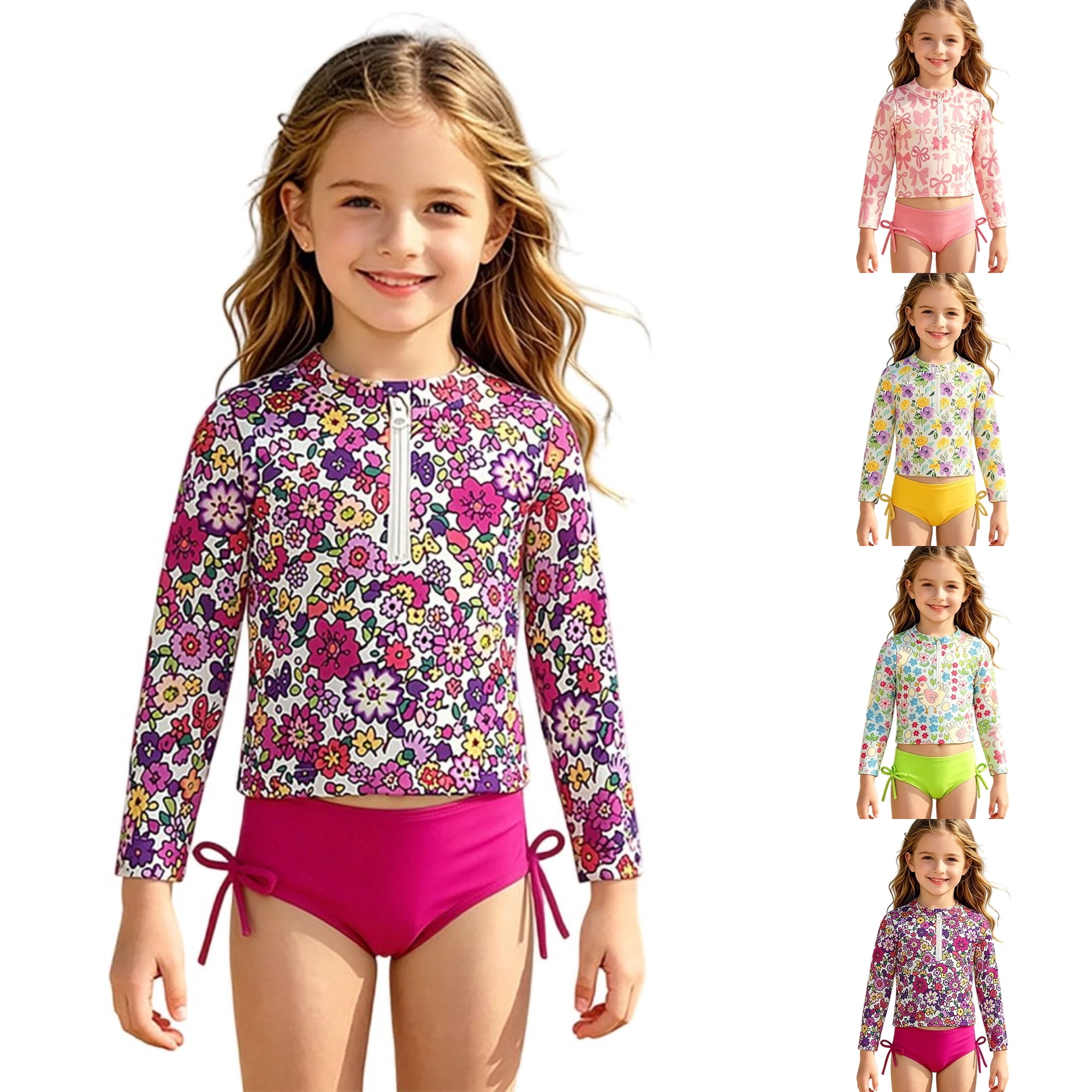 SGMVNU Girls Rash Guard Two Piece Swimsuits Long Sleeve Swim Top with Sporty Shorts Cute Bathing Suit Kids Swimwear Size 5-6 Years zt2-Purple