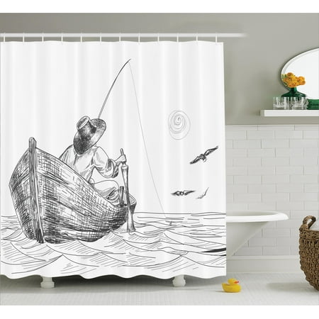 Seagulls Shower Curtain Fisherman With Hat In Boat On Sunny Day Seagulls Shower Curtain Fisherman With Hat In Boat On Sunny Day Pencil Sketch Styled Ilration Fabric Bathroom Set Hooks Charcoal Grey White