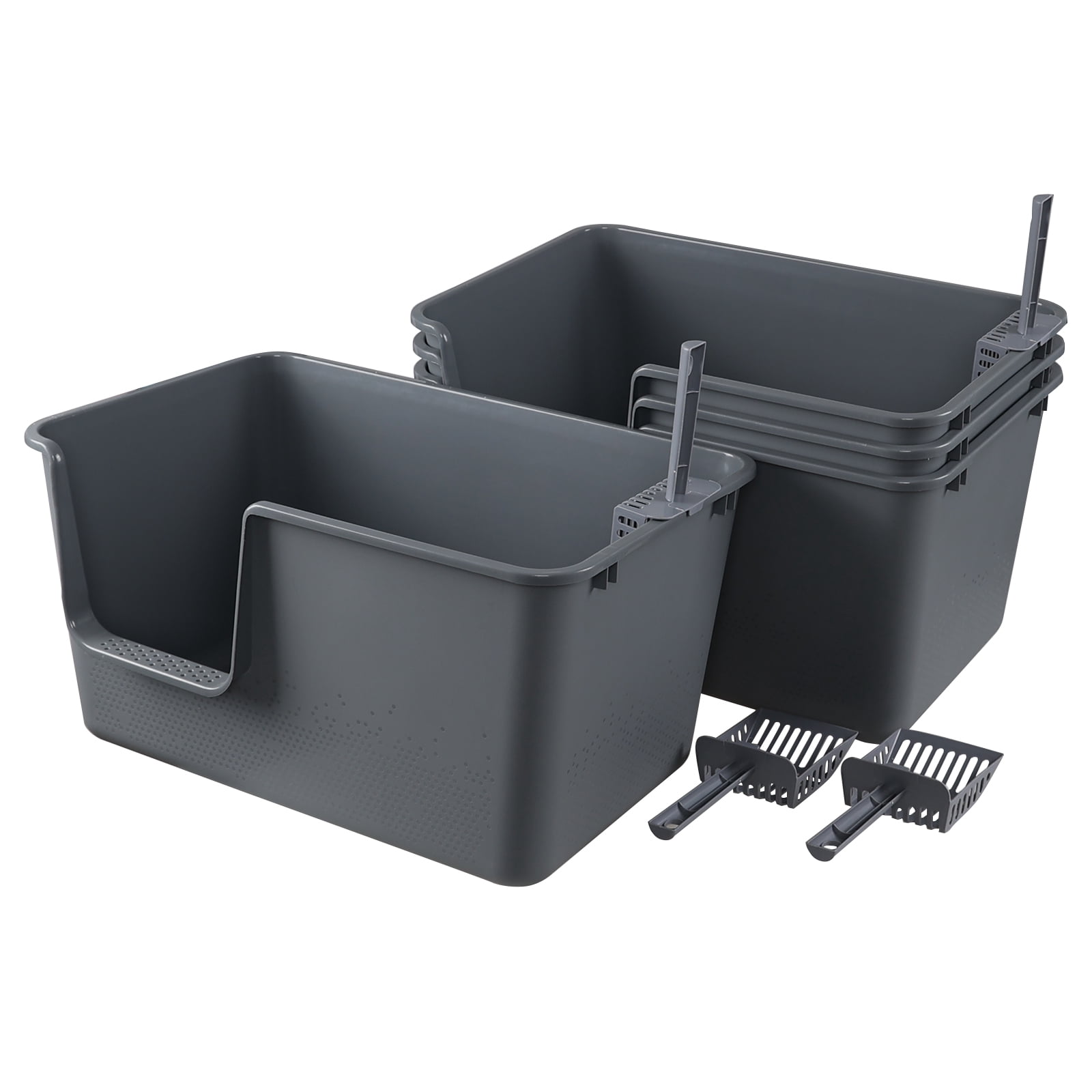 Qskely 4-Pack Large Open High Sided Cat Litter Box, Anti-Splashing Kitty Litter Box with Scoop, Gray