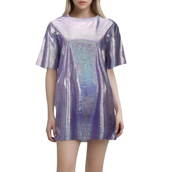 DHFJKG Women's Metallic T Shirt Short Sleeve Carnival Glossy Loose Fit Long Shirts Crewneck Shiny Streetwear Party Nightclub Wear Summer Trendy Tops