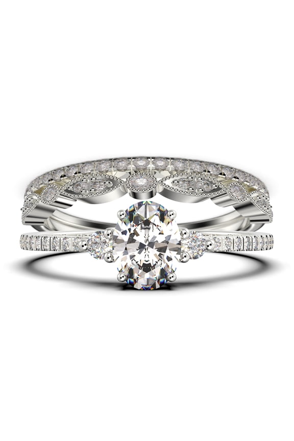 Minimalist 2.25 Carat Oval Cut Simplistic Diamond Moissanite Engagement Ring, Classic Wedding Ring in 925 Sterling Silver With 18k White Gold Plating, Promise Ring, Trio Set