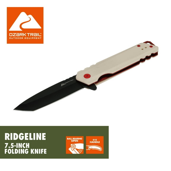 Ozark Trail Ridgeline 7.5 in Folding Knife G10 Handle, Off-White, Red