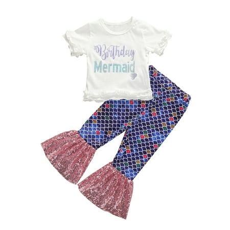 FOCUSNORM Baby Girls Mermaid Birthday Short Sleeves T-Shirt Fish Scale Outfits