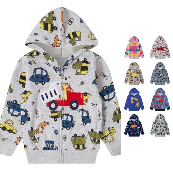 Byoo Little Boy's Fire Truck All Over Full Print Hoodie Zipper Long Sleeve Cartoon Hooded Sweatshirt Daily Pullover Top,White