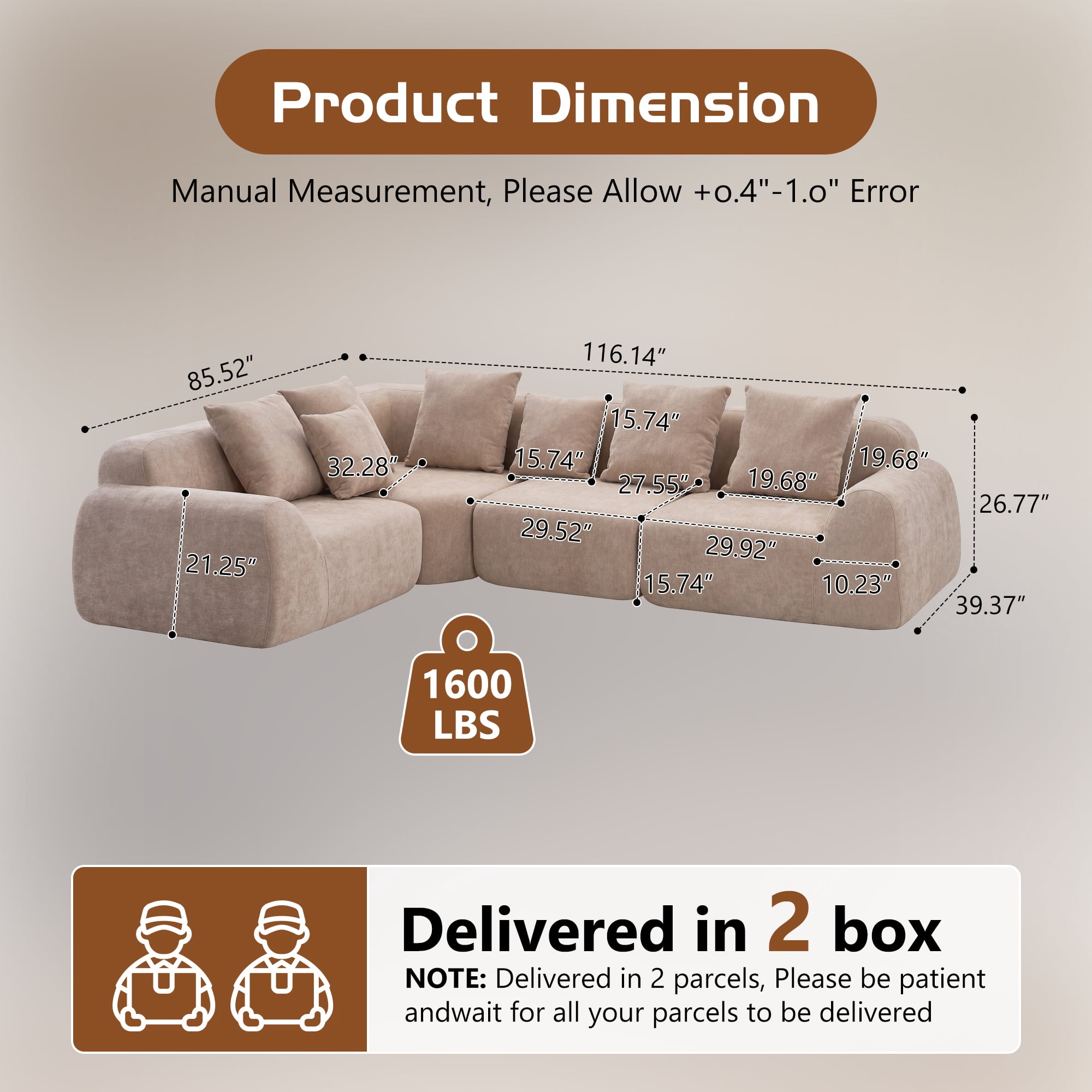 Leumius 116'' Cloud Modular Sectional Sofa,Upholstered Boneless Couch with Memory Foam for Living Room,No Assembly Required,Beige