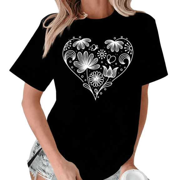 Black Retro Hand Drawn Flower Heart Print Tshirt Graphic Tees Shirts S-5XL Love Casual Tops