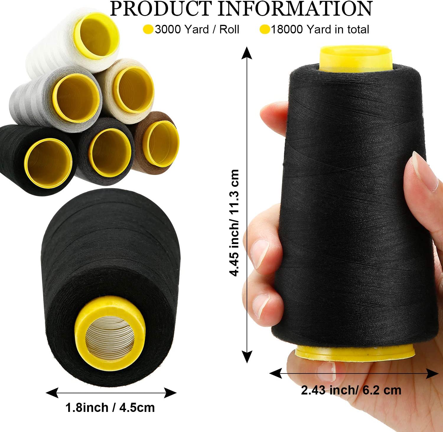 6 Rolls 3000 Yard Each Serger Thread Polyester Cones Spool Thread for Sewing Serger Overlock Quilting Sewing Machine (Black, White, Beige, Grey, Dark Grey, Coffee)