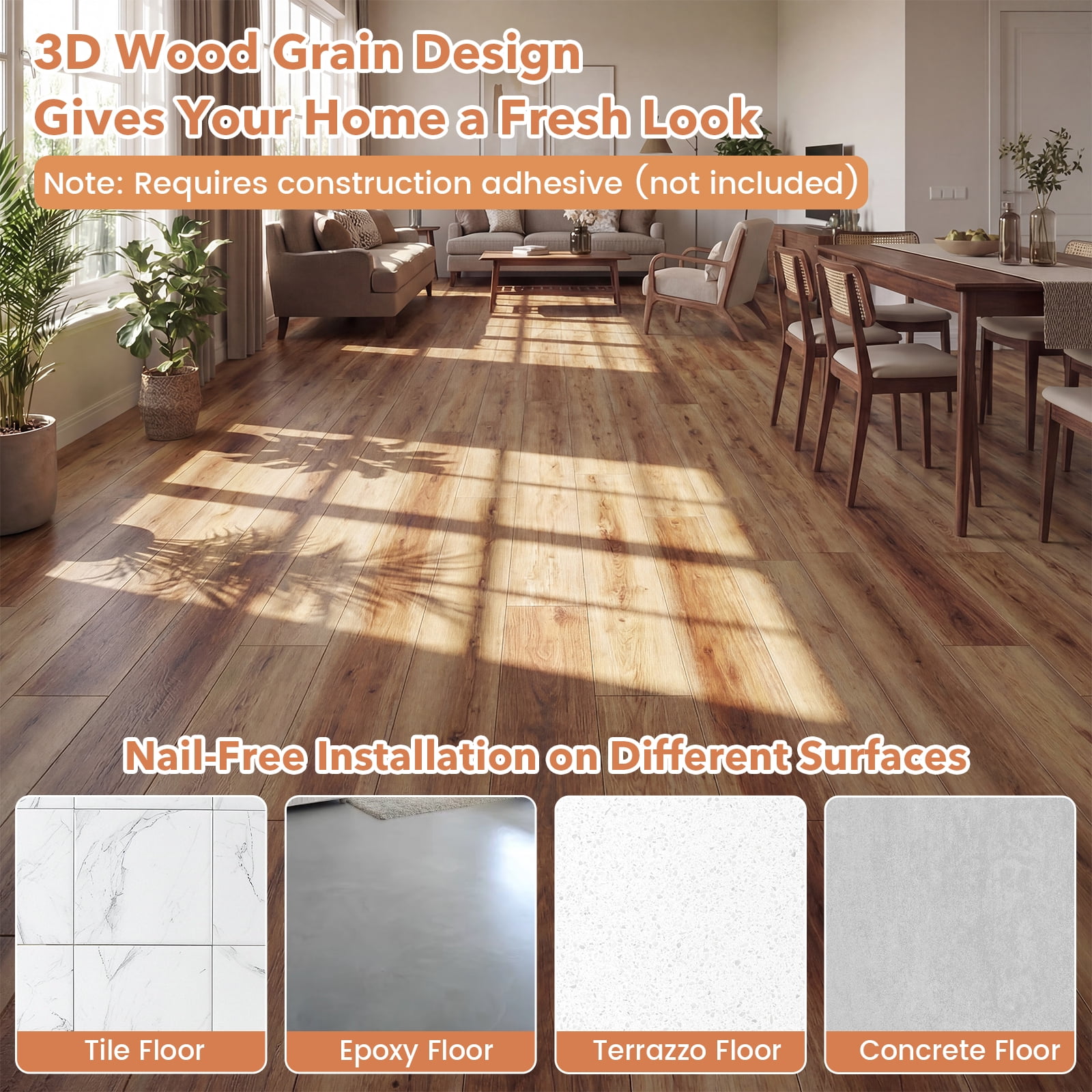 Costway 24-Pack 36 Sq.Ft Floor Tile Vinyl Flooring, Waterproof Vinyl Plank Flooring Rustic Brown