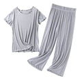thumbnail image 4 of Hwmodou Womens Pajama Outfits Sets Women Short Sleeve Round Neck Casual T Shirt With Hem Design Solid Color Home And Outdoor Wear Base Layer Fall Winter Pj Outfit, 4 of 5