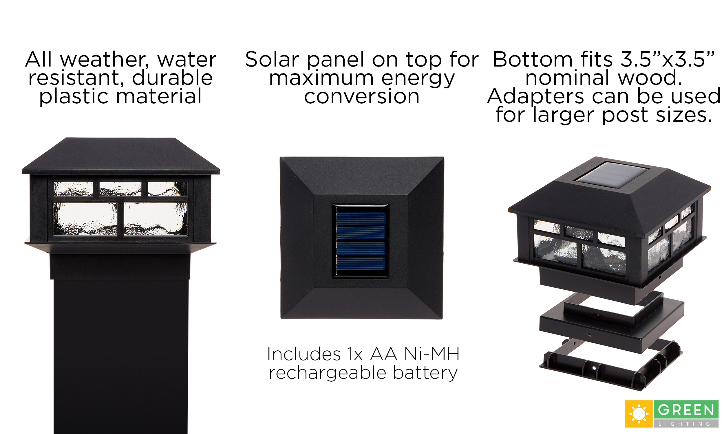 GreenLighting Pack Modern Design Solar Powered 10 Lumen Post Cap Light for  4x4 or 5x5 Posts (Black)
