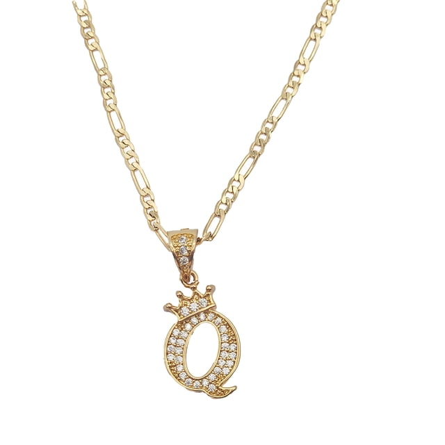 Cadena y dije de brillos con corona de oro laminado letra Q