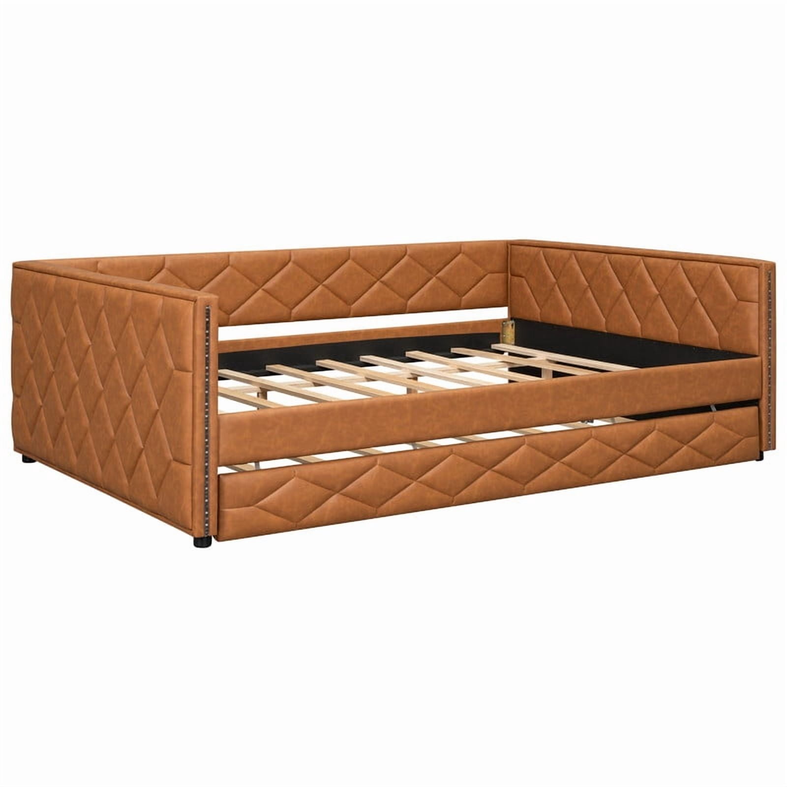 Full XL Size Faux Leather Upholstered Daybed with Twin Size Trundle, Low-Profile Sofa Bed Frame with LED Lighting Armrests