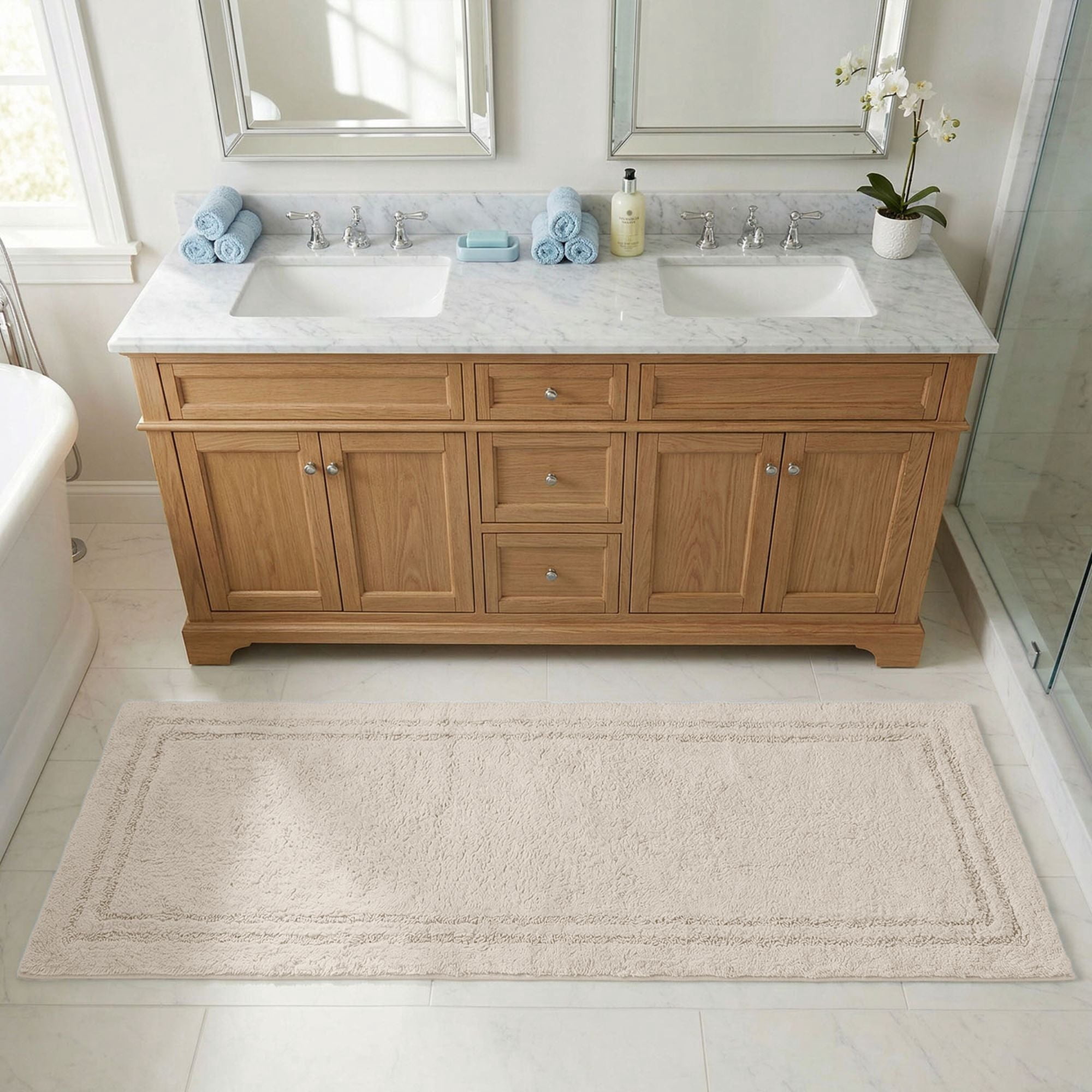 Superior Solid Bordered Cotton Washable Non-Slip Bath Rug, Runner Size, Cream