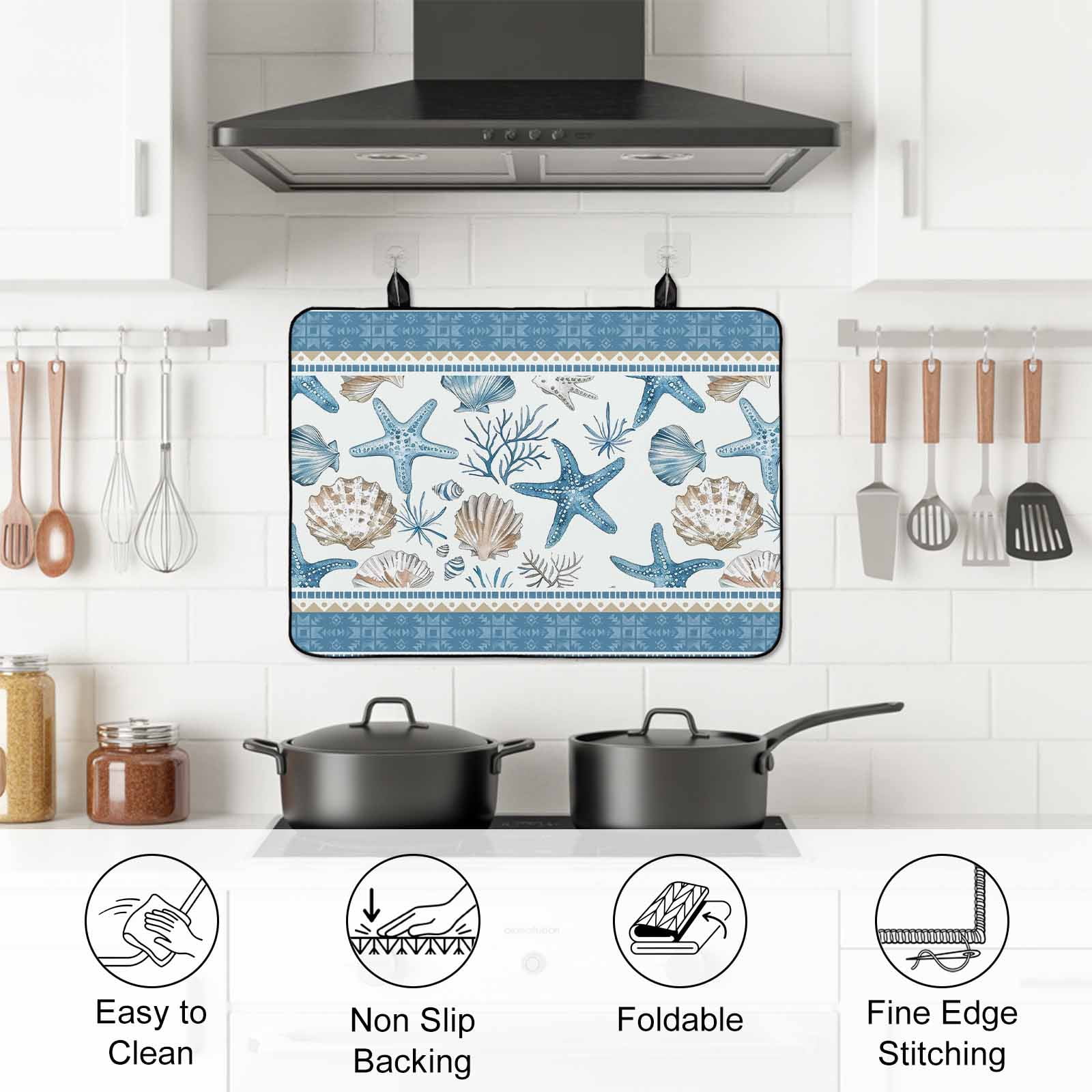 Blue Coastal Nautical Stove Top Cover for Electric Stove, Heat-proof & Non Slip Glass Top Stove Cover Protector, Summer Beach Starfish Shell Coral Kitchen Flat Cooktop Rubber Mat 24x21 Inches