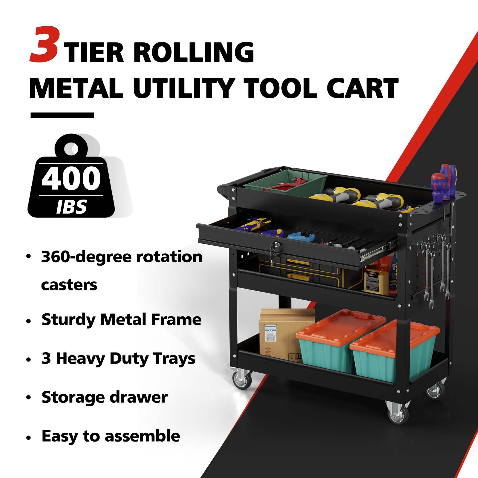Odaof Big Tool Cart, 4-Wheel Tool Cart, Rolling Tool Cart, Big Tool Storage Cart, Tool Cart with Ball-Bearing Slides, Tool Cart & Tool Chest for Garage and Warehouse -Cool Black