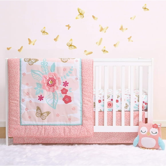 The Peanutshell Aflutter Crib Bedding Set for Baby Girls | 3 Piece Floral Nursery Set | Baby Blanket, Crib Sheet, Crib Skirt Included