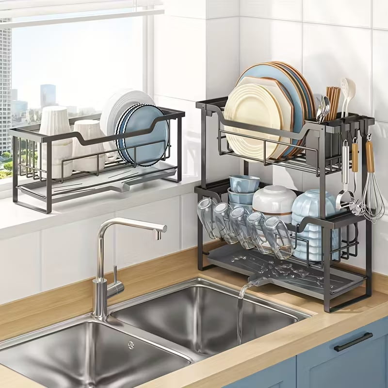 Luckytree 2-Tier Dish Drying Rack, Large Space-Saving Dish Racks,Narrow Dish Drainer for Kitchen Counter Organizer ,6.7"W x 17"L,Black