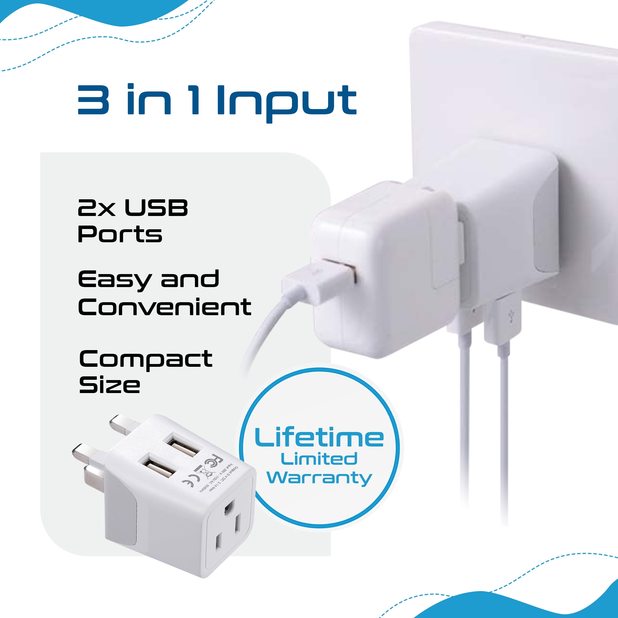 Ceptics CTU-7 UK, Dubai, Ireland Travel Adapter Plug - Type G - Dual USB Devices