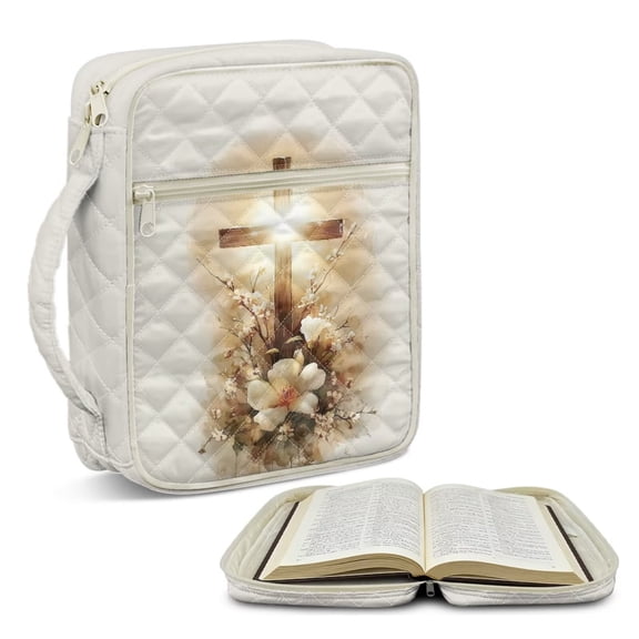 TSOVTHRID Cross Floral White Print Bible Case for Women Men, Bible Cover with Portable Handle, Quilted Carrying Book Case with Pockets and Zipper, Christian Gift