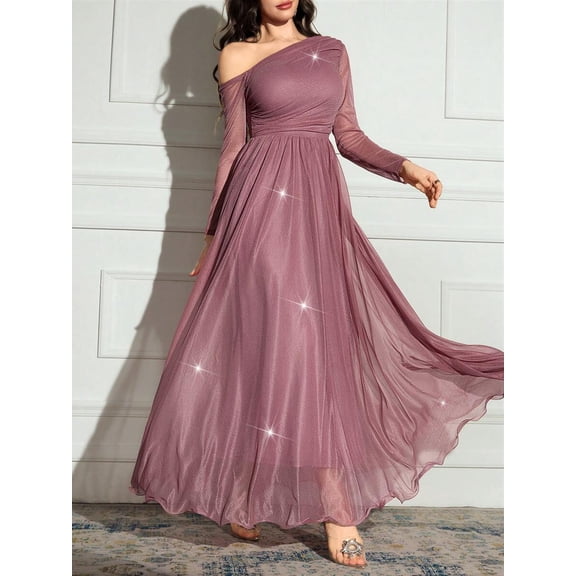 Dusty Purple Asymmetrical One Shoulder Long Sleeve Sparkly Maxi Dress For Women