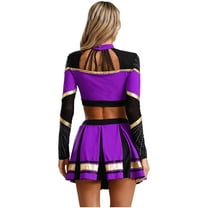 TiaoBug Women Cheer Leader Uniform Dance Cheerleading Costume Long Sleeve Crop Top with Mini Skirt Purple XXL