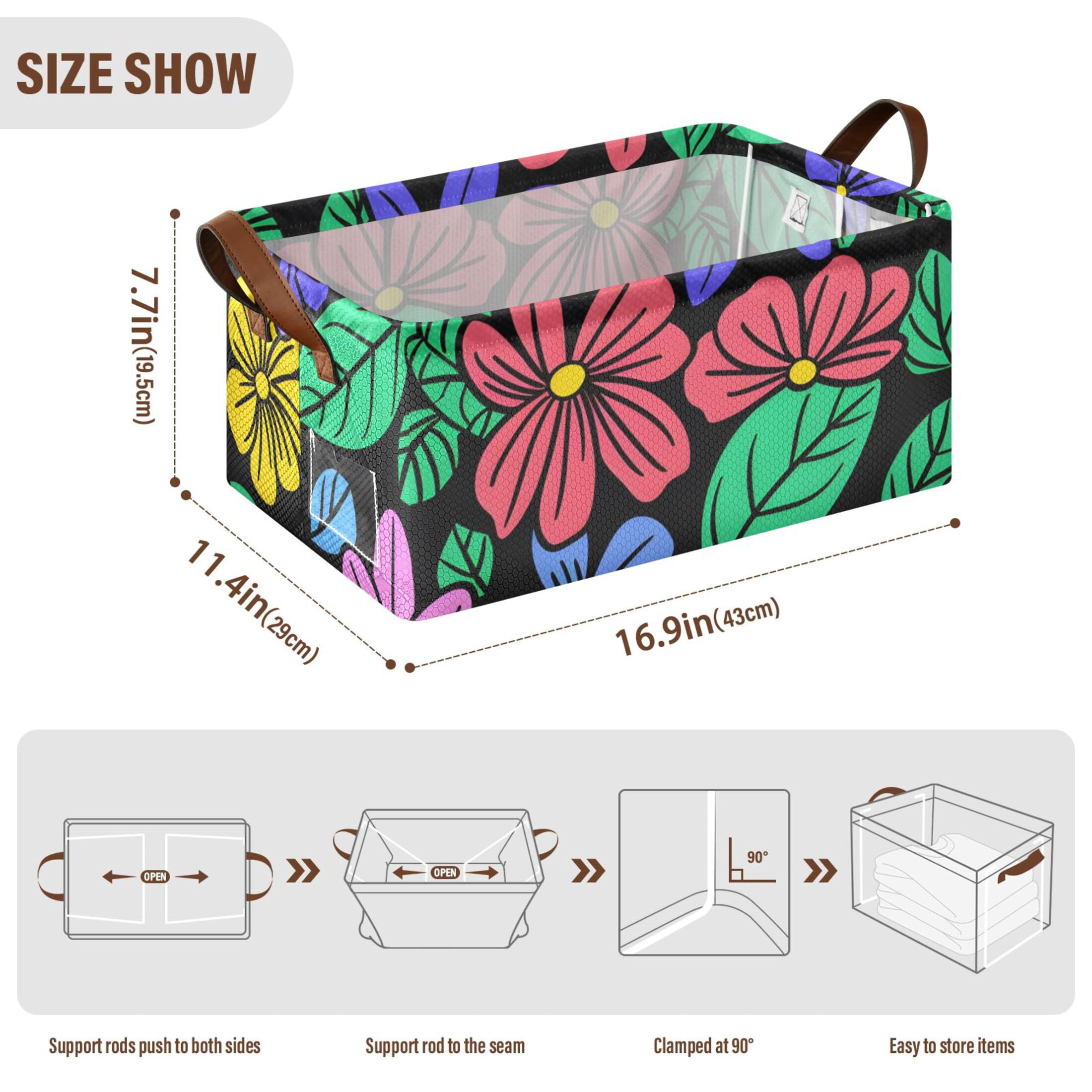 Flowers and Leaves Black Storage Bins with Handles Foldable Storage Baskets for Shelves Organizer Cloth Baskets