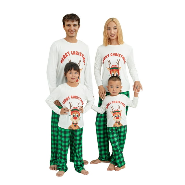 Ensemble de Pyjamas de Noël Assortis pour la Famille, Imprimé Lettre Élan Col Rond Manches Longues Pantalons Longs à Carreaux pour Parents Enfants