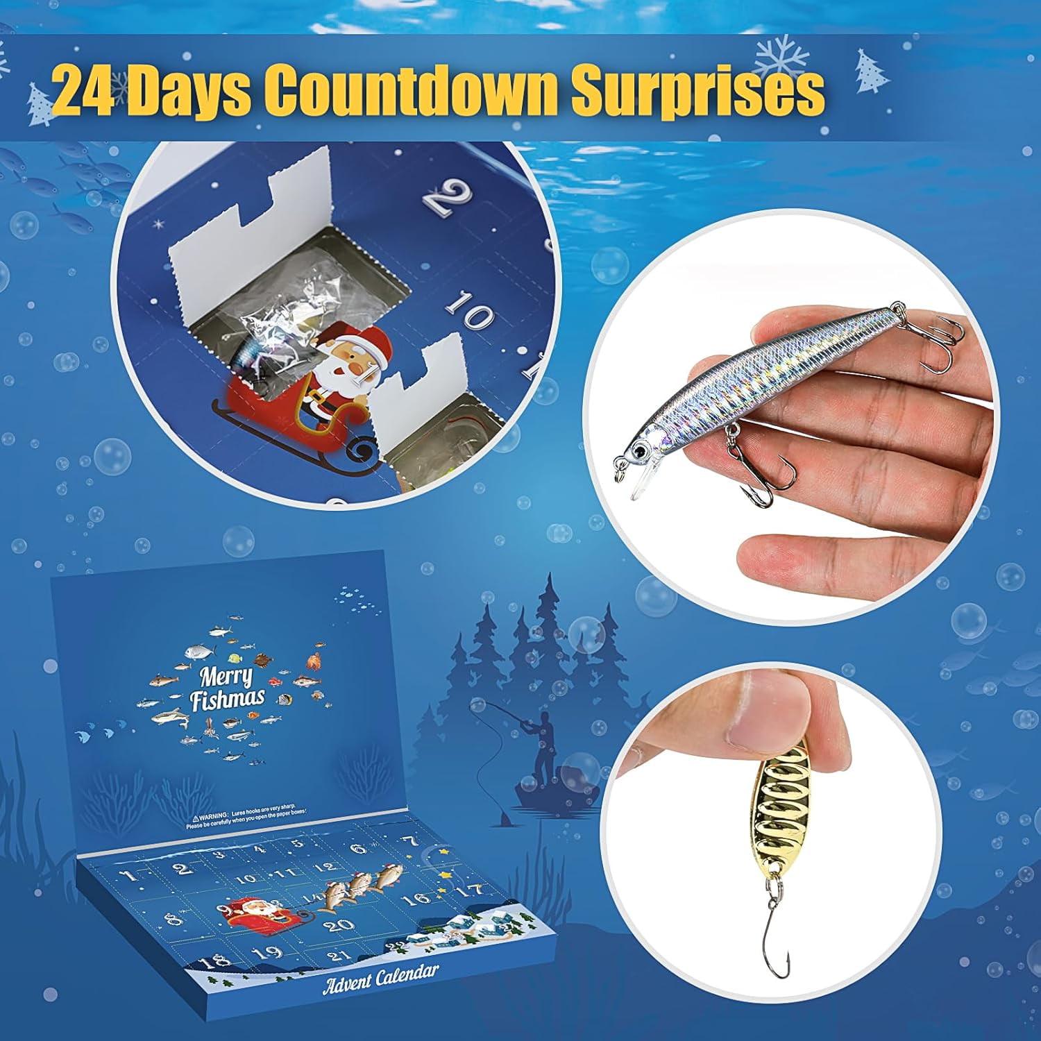Advent Calendar 2025 Fishing Lure for Men Teen Boys,24 Day Christmas Countdown Fishing Lure Tackle Kit Soft Lures Spoons Minnow Popper Crankbait VIB,Fishing Xmas Gifts for Fisher Father Grandpa