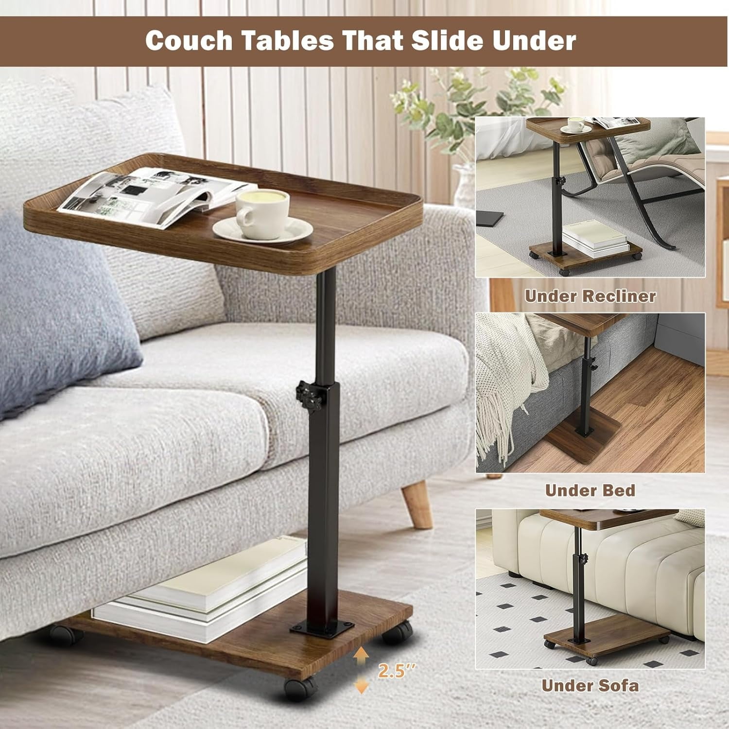 StarZe Adjustable Height C Shaped End Table,360° Swivel Side Tables with Wheel  for  Livingroom, Bedroom,Primary.
