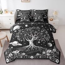 Manfei Grey Life Tree Bedding Comforter Set 7pcs, Mystic Bohemian Flower Botanical Queen Bedding Sets, Outer Space Planet Reversible Super Cozy Room Decor