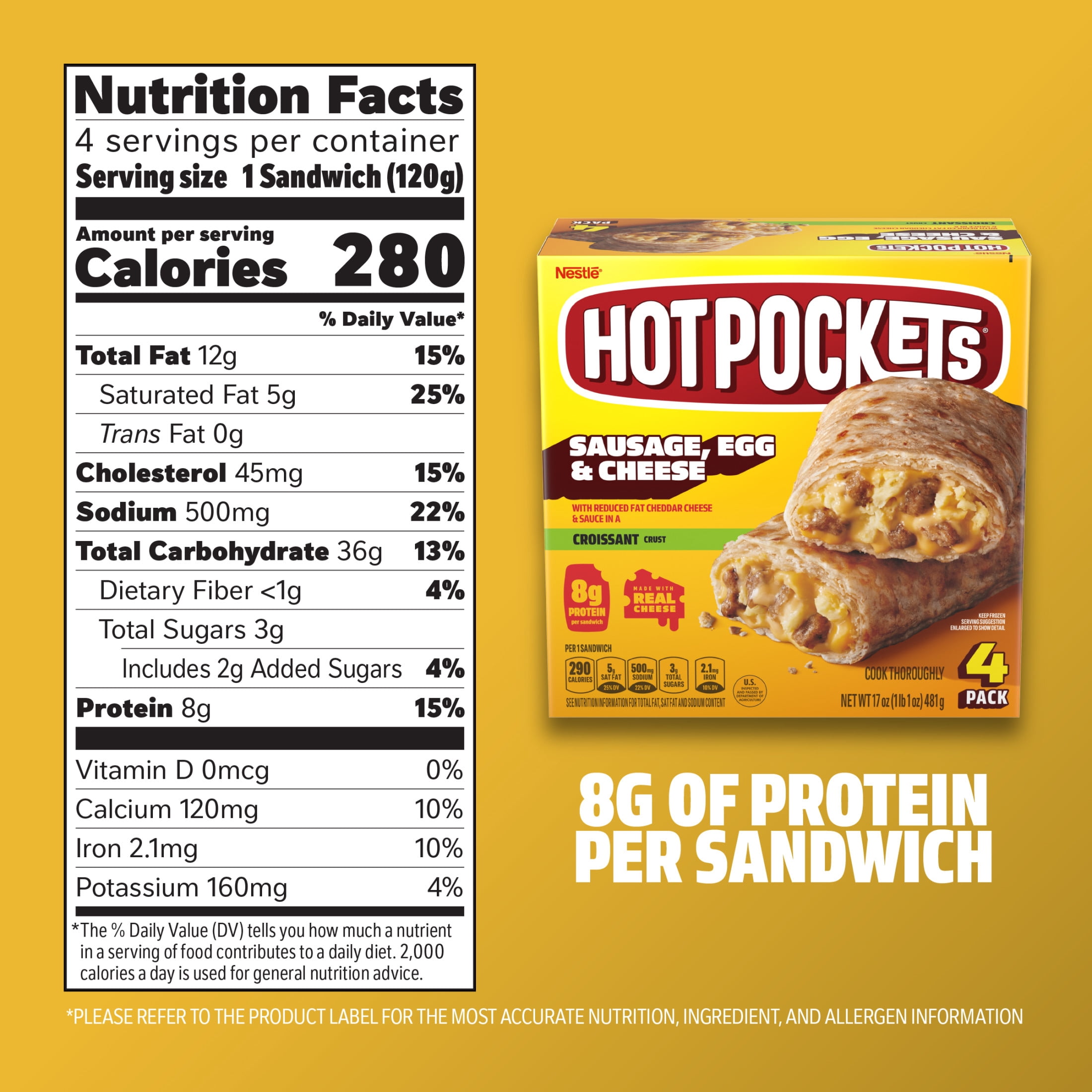 Hot Pockets Frozen Breakfast Sandwich, Sausage Egg and Cheese, Croissant Crust, 8g of Protein per Sandwich, 17 oz, 4 Pack (Frozen)